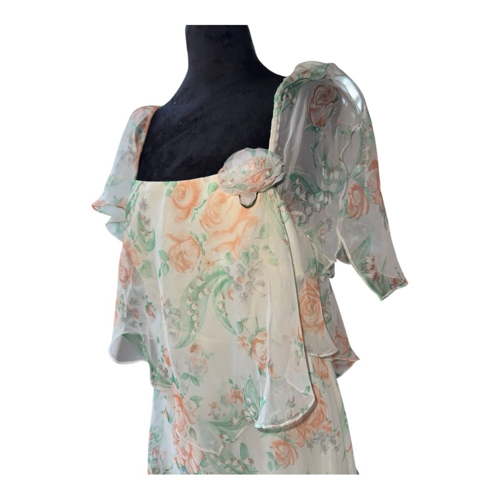 VTG , 1970s Butter‎ Yellow, Floral, Chiffon, Formal, Prom, Dress layered/ruffled